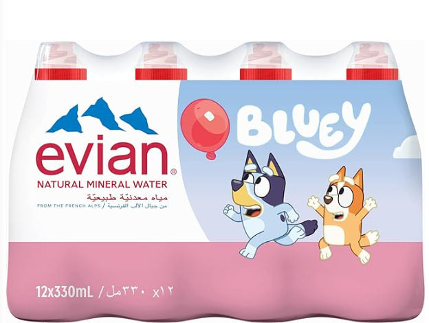 ايفيان مياه معدنية طبيعية بلوي اصدار محدود، 330 مل (عبوة من 12 قطعة) - مياه معباة بحجم مرح للاطفال، مياه جبال الب الفرنسية المصفاة بشكل طبيعي، مثالية لصناديق الغداء المدرسية والحفلات